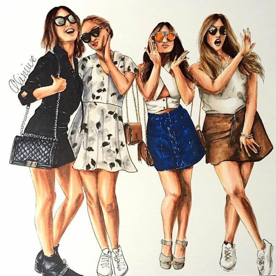 Четверо подружек. Модные рисунки. Четыре подруги. Модные девочки мультяшные. Несколько девушек нарисованные.