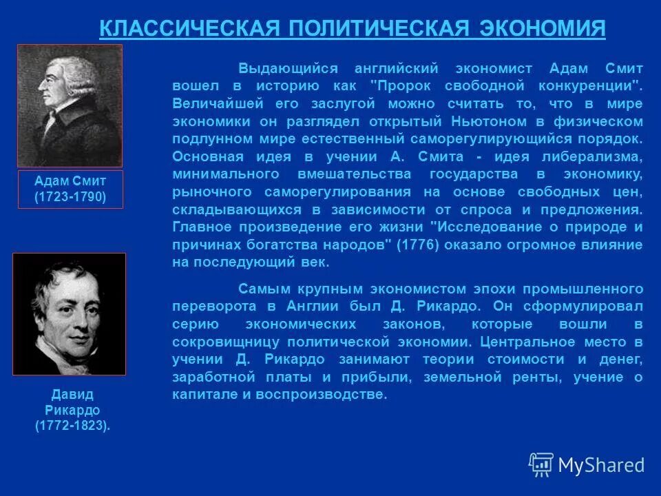 Направления научной мысли. Классическая политэкономия и экономист. Классическая политэкономия. Теории а. Смита, д. Рикардо.