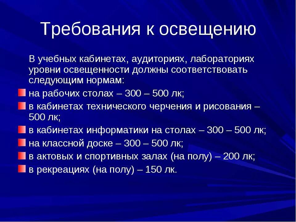 Каким нормам должны соответствовать. Требования к освещенности. Требования к освещению помещений. Требования к освещенности в учебных помещениях. Санитарные требования к освещению.