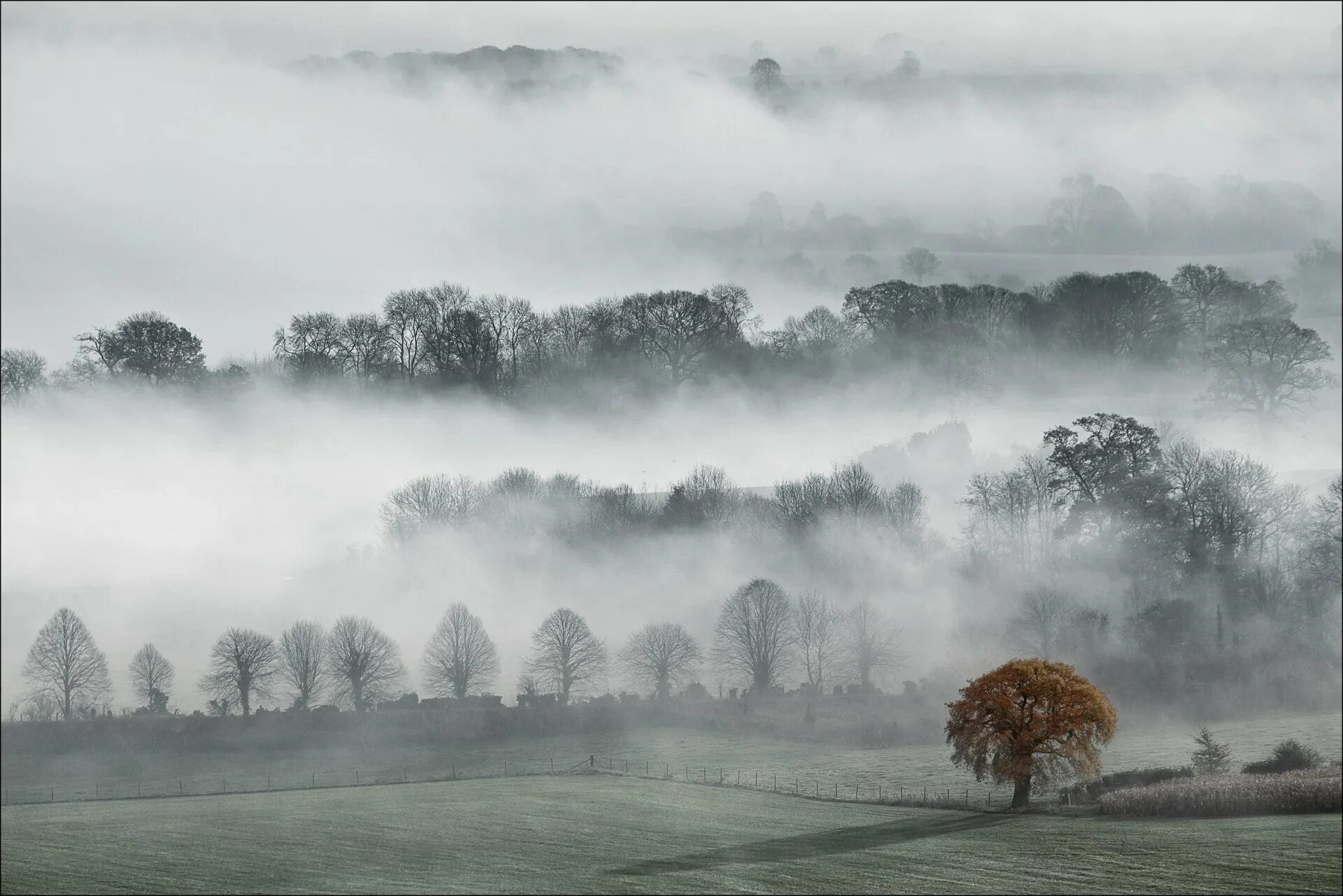 Долина пеуси, Уилтшир, туман, Англия, графство, осень.. Туман. Туманный пейзаж. Природные явления туман. В тумане есть вода