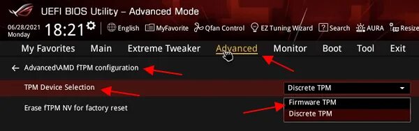 Reset ftpm. Tpm device selection ptt или dtpm. ftpm. tpm device selection. как включить трм на асус.
