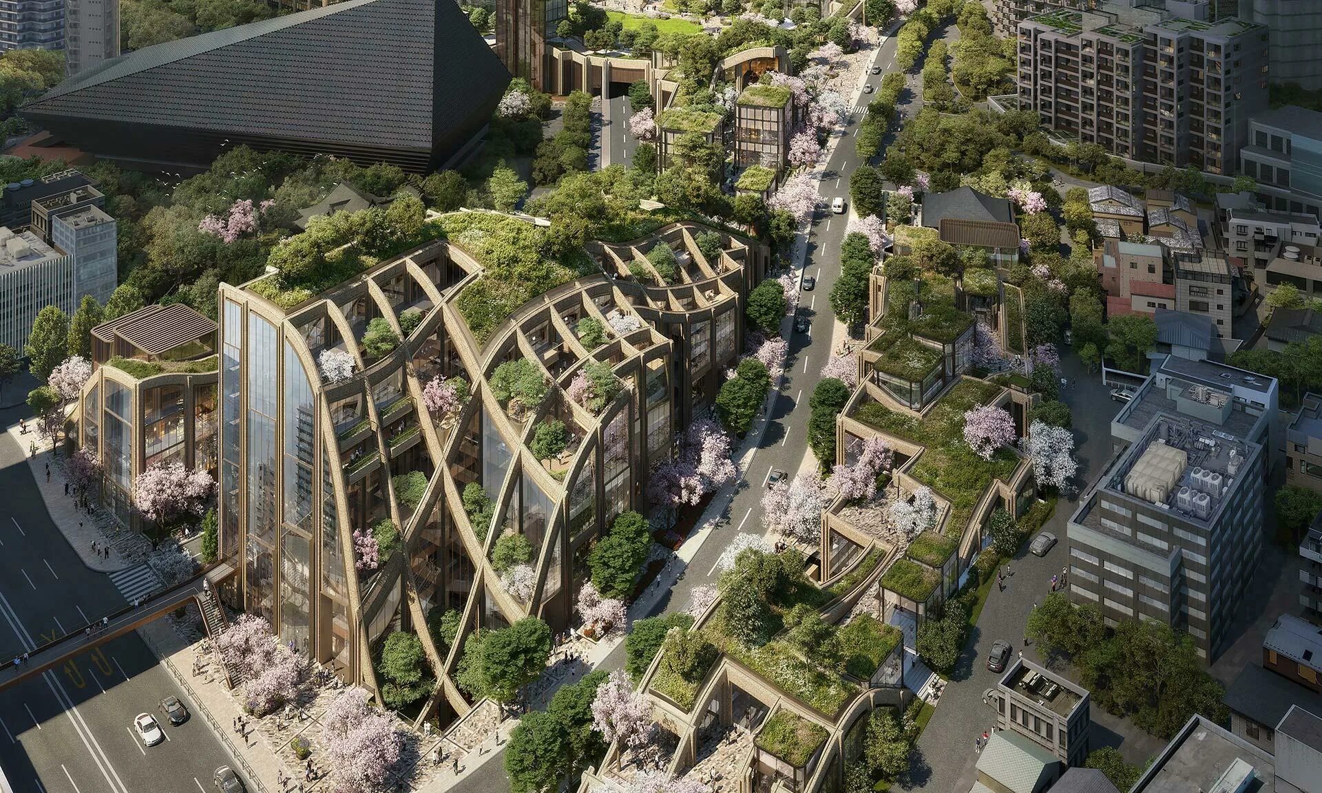 Toranomon-Azabudai. Heatherwick Studio Токио. Проект про Токио. Жилой комплект в Токио в виде ттругольника.