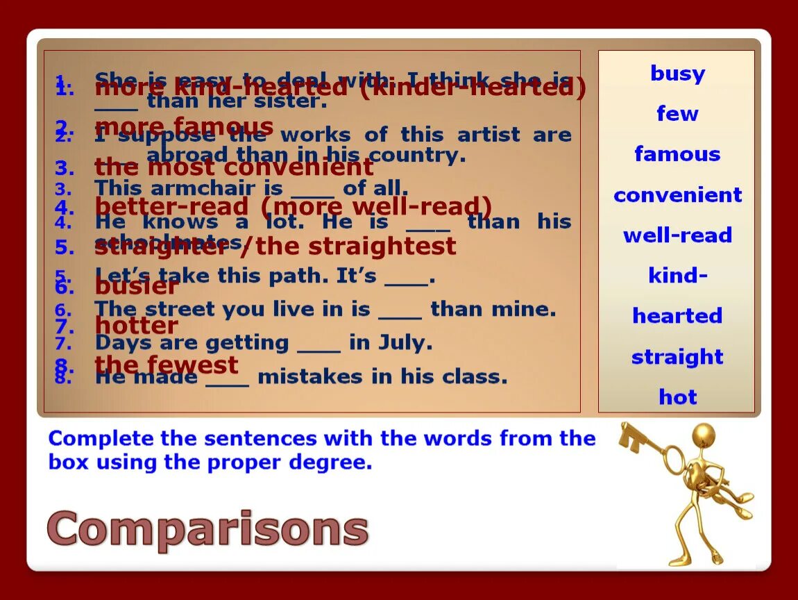 Busy сравнение прилагательных. Busy прилагательное. Complete the sentences with the Words from the Box. Complete the sentences with Words a degree to cope. Complete the sentences with the proper degree of Comparison.