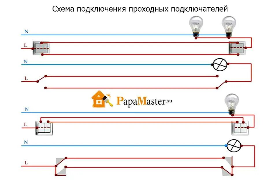 Осветительных электропроводок. Схема разводки электропроводки проходных выключателей. Схема разводки электропроводки освещения. Схема проходных выключателей для освещения лестницы. Монтаж проводки на освещение схема.