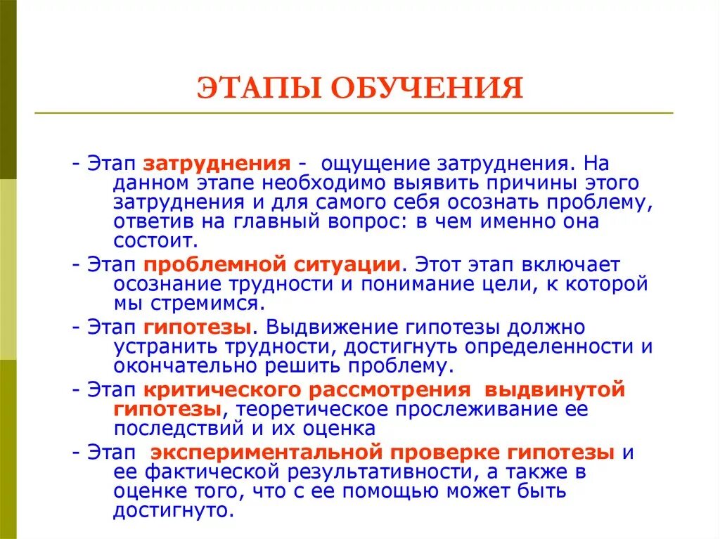 Первичный этап процесса обучения восприятие. Этап. Назовите этапы обучения. Назовите этапы процесса обучения.