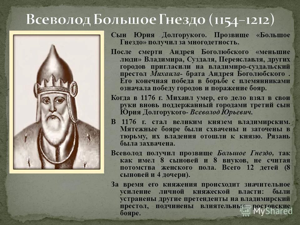 Сын князя большое гнездо. Правление князя Всеволода большое гнездо во Владимире.