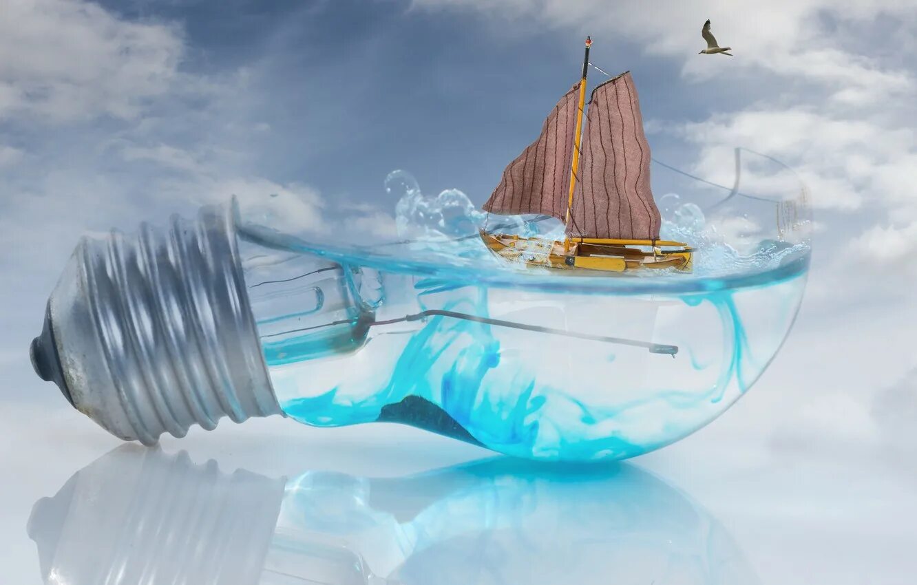 D вода. Креативная вода. Корабль в лампочке. Корабль в бутылке с водой. Креативная лампочка 3д.