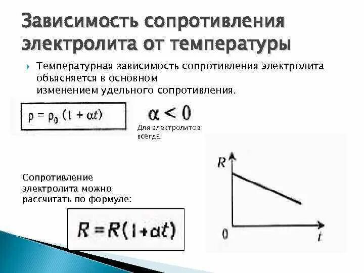 Зависимость сопротивления от удельного сопротивления. Зависимость удельного сопротивления от температуры в электролитах. зависимость сопротивления электролитов от температуры формула. какова зависимость сопротивления электролита от температуры. как зависит сопротивление электролита от температуры формула.