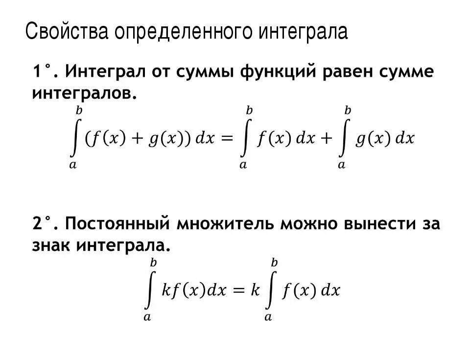 Свойства интегралов формулы. Определенный интеграл формулы таблица. Свойства суммы определенных интегралов. Операции над интегралами формулы.