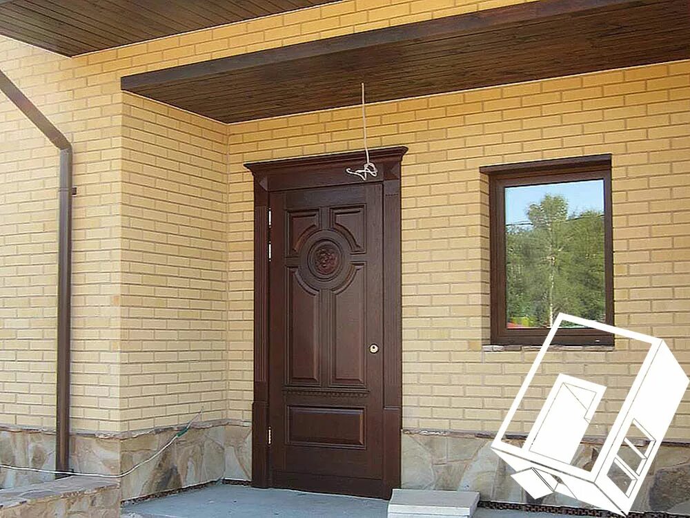 Двери для коттеджей и загородных домов. Входная дверь в кирпичном доме. Входная дверь в дачный дом. Отделка входной двери снаружи в частном доме