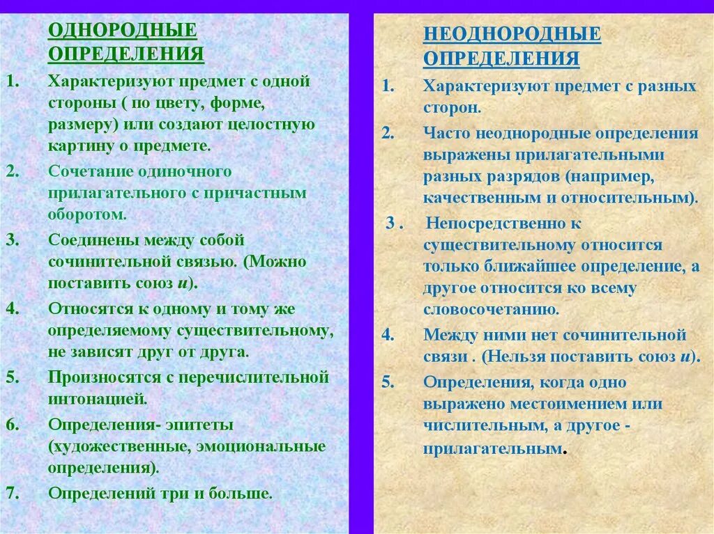 Однородное определение характеризует предмет с 1 стороны