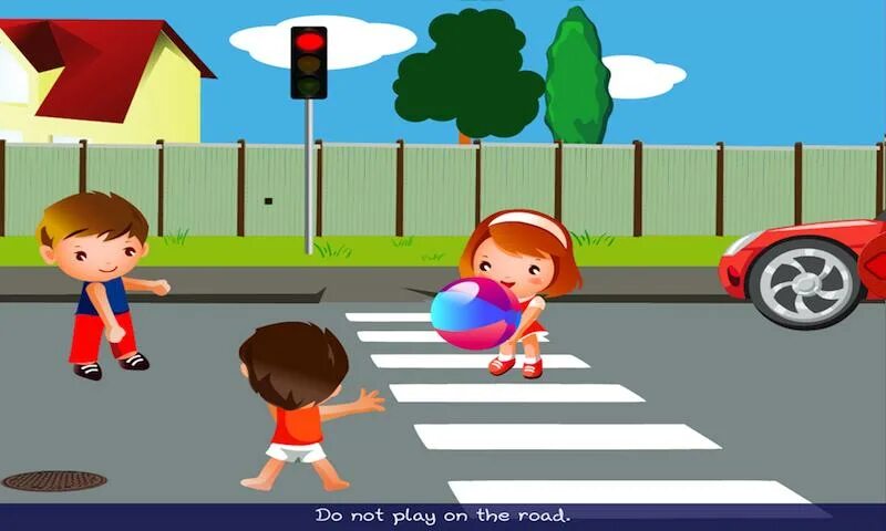 Road for Kids. Cross the Road cartoon. Walk on the Road picture for Kids. Safety on the Road for children. Playing wrong