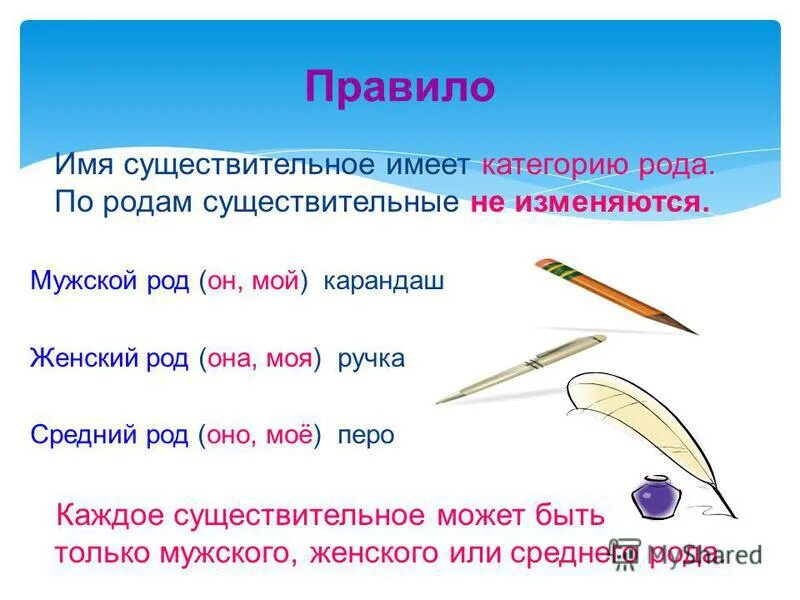Есть имена существительные которые не изменяются. Ручка какой род. карандаш какой род. перья род существительного. существительные не имеющие рода.