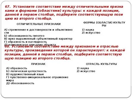 Установите соответствие между отличительными признаками и видами