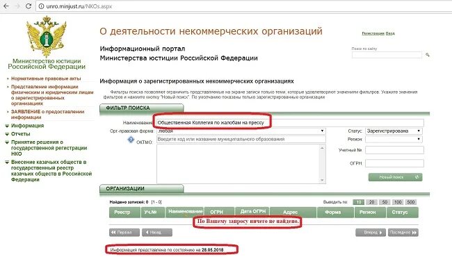 Портал о деятельности некоммерческих организаций. Минюст регистрация НКО.