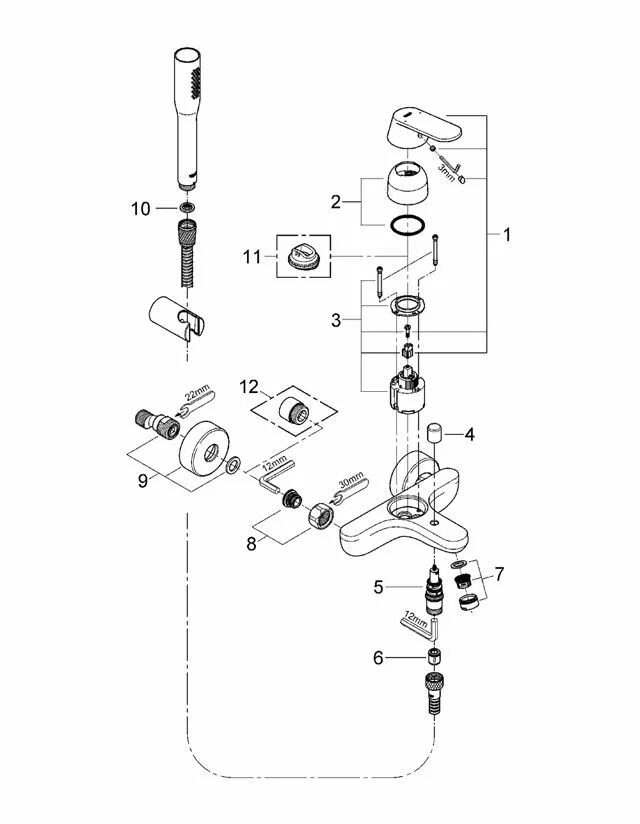 Разборка смесителя душа. Смеситель Grohe Eurosmart Cosmopolitan 32832000 для ванны/душа. Схема смесителя Grohe для ванной с душем. Смеситель Грое для ванной с душем конструкция. Смеситель для ванны Grohe однорычажный.