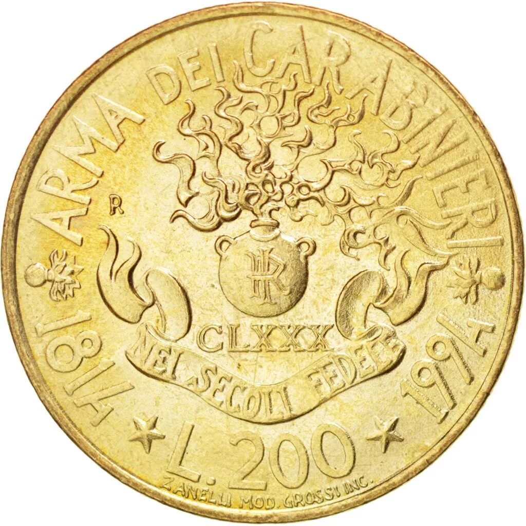 Монета 1994 года. Италия 200 лир 1994 180 лет карабинерам. 200 Lire монета Италия. Италия 200 лир 1994. Итальянские монеты 200 лир.