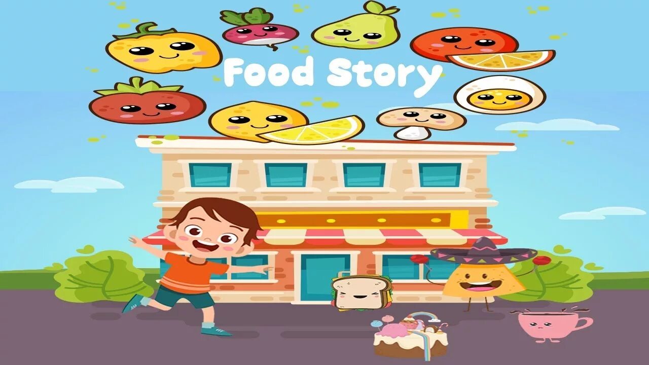 Story food Kids. Cartoon Multi-storey food Factory. Illustration Cats Multi-storey food Factory.