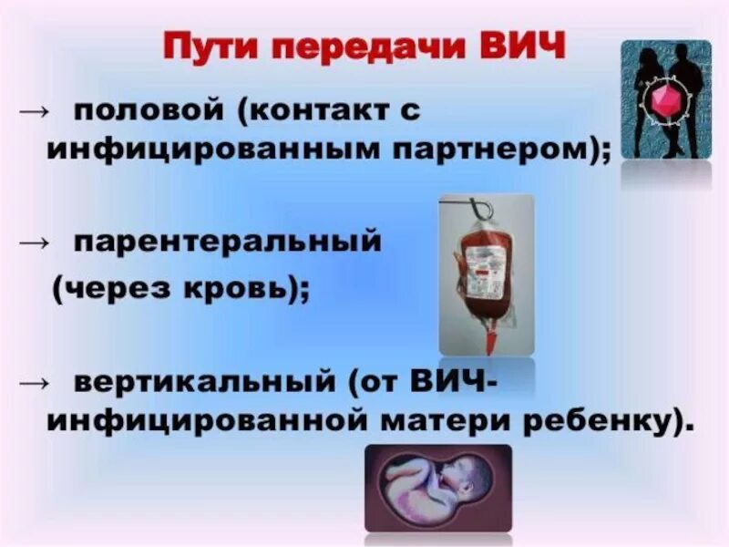 Заражение крови половым путем. Способы передачи СПИДА. Пути передачи ВИЧ половой вертикальный парентеральный.