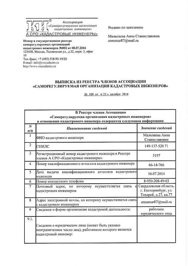 Реестре лиц осуществляющих кадастровую деятельность