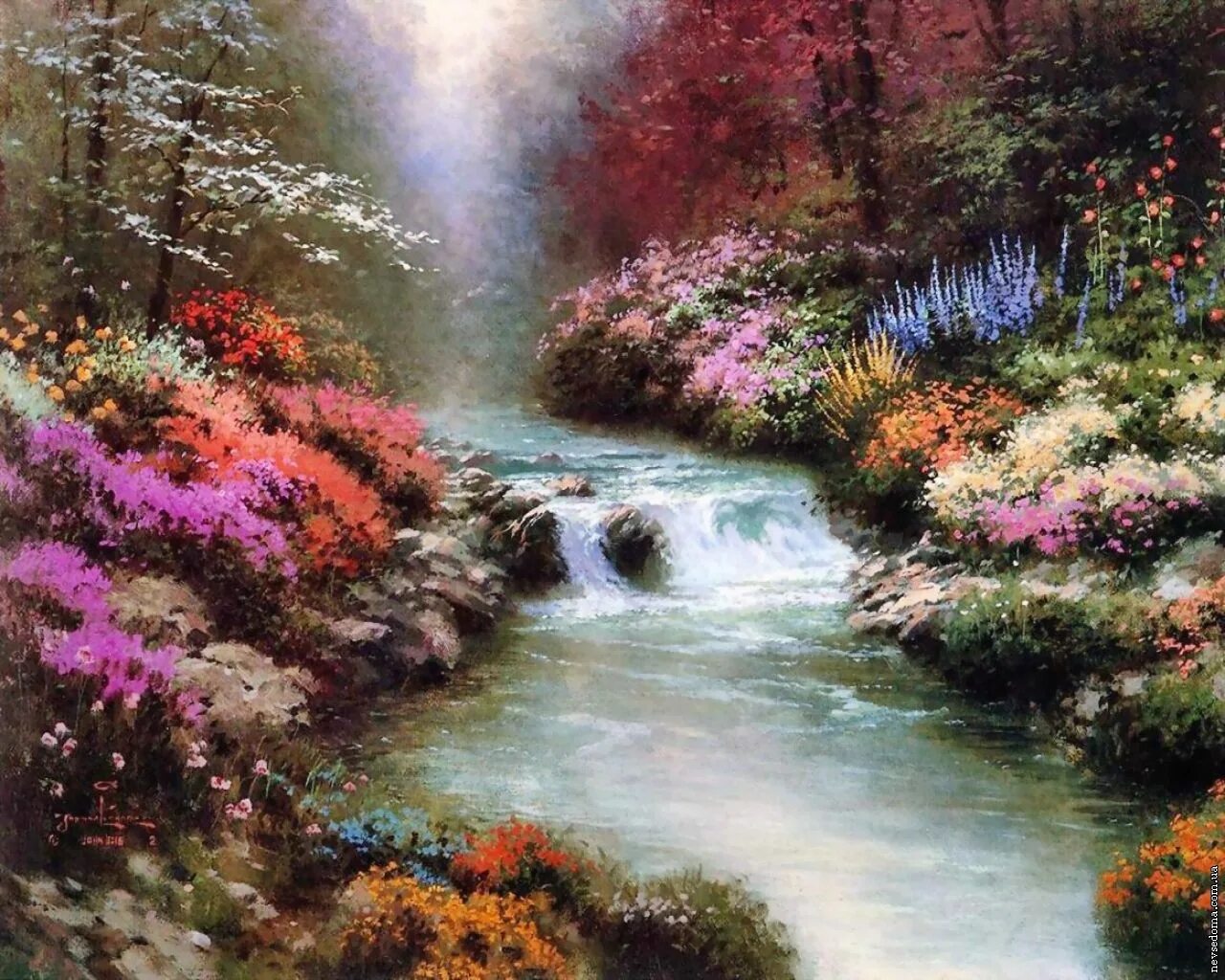 Красивые картины. Томас Кинкейд beside still Waters. Thomas Kinkade набор для вышивания. Томас Кинкаде водопад. Набор для вышивания горный ручей.