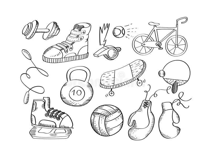 Спортивные предметы. Раскраска спортивный инвентарь. Раскраска спортивный инвентарь для детей. Спортивный инвентарь картинки для детей раскраски.