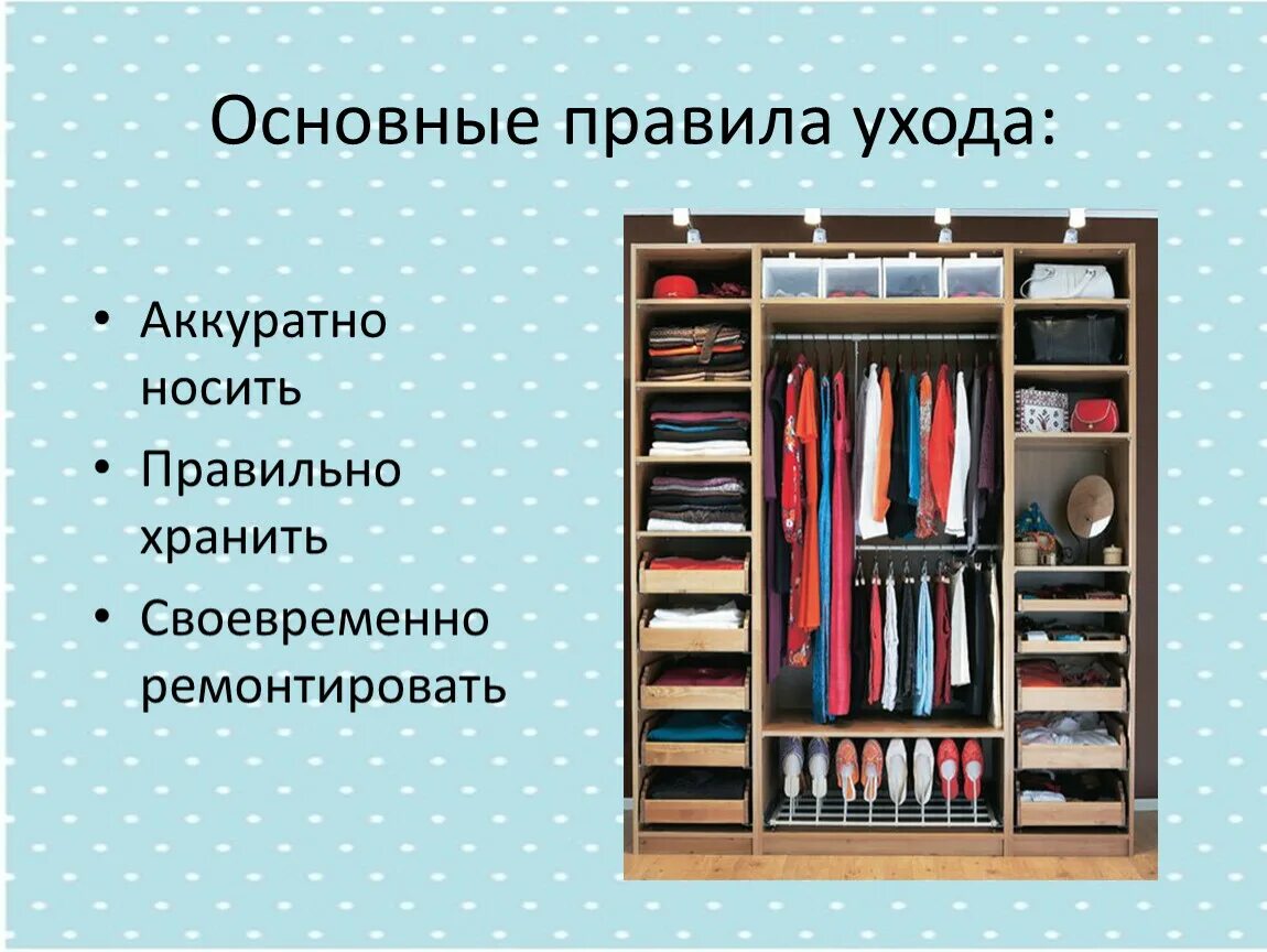 Аккуратно носишь. Правило хранения одежды. Шкаф с одеждой для презентации. Шкаф с личными вещами. План системы хранения вещей.