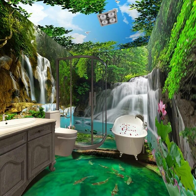 Ванна в стиле природы. Фотообои в ванной комнате. Ванна в стиле лес. Природа для ванной комнаты.