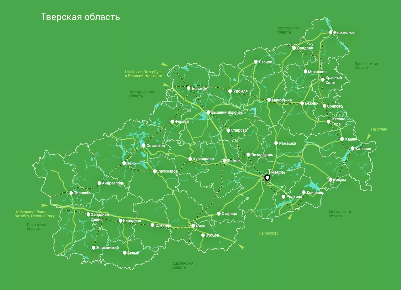 Карта административного деления Тверской области. Карта Тверской области с районами. Районы Тверской области на карте с границами. Границы Тверской области.