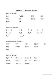 Numbers 1 to 10 Spelling Test: English ESL worksheets pdf & doc