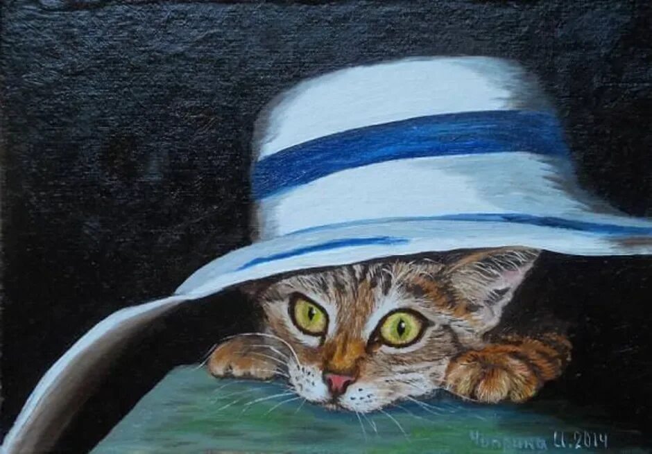 Котенок живая шляпа. Художник ирина чуприна коты. кошки художницы ирины чуприной. живая шляпа. кот в шляпе.