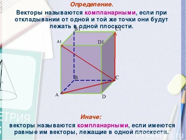 Векторы называются компланарными. Векторы называются компланарными, если они. Компланарными называются векторы лежащие в плоскостях. Векторы называются компланарными если они в одной плоскости.