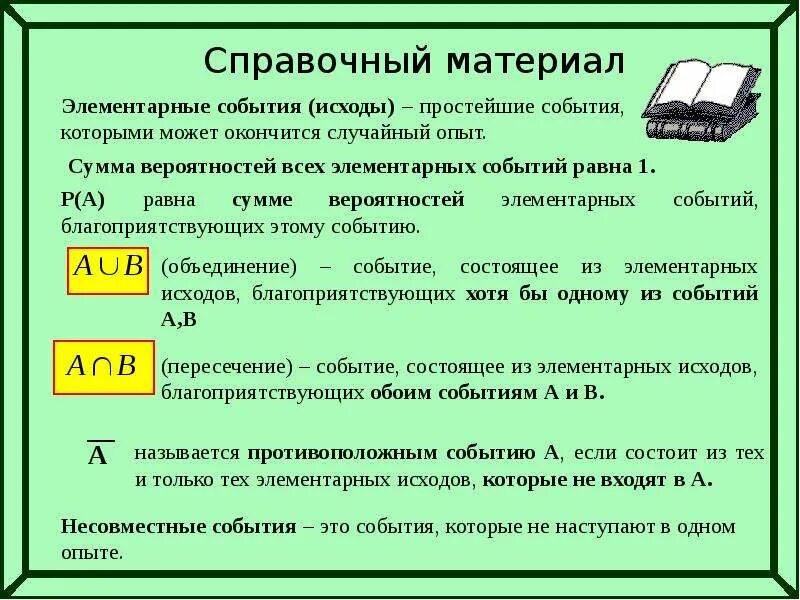 Вероятность составлять. Справочный материал по теории вероятности ЕГЭ. Элементарные события теория вероятности. Элементарная теория вероятности. Неэлементарные исходы в теории вероятностей.