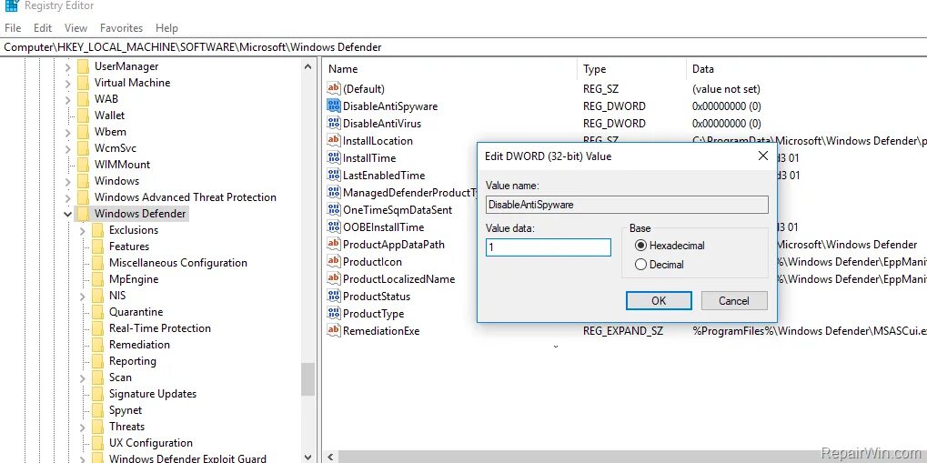 C programdata microsoft windows defender scans history. Disable defender windows 10. regedit windows defender real-time protection. как создать reg_dword. дизейбл.