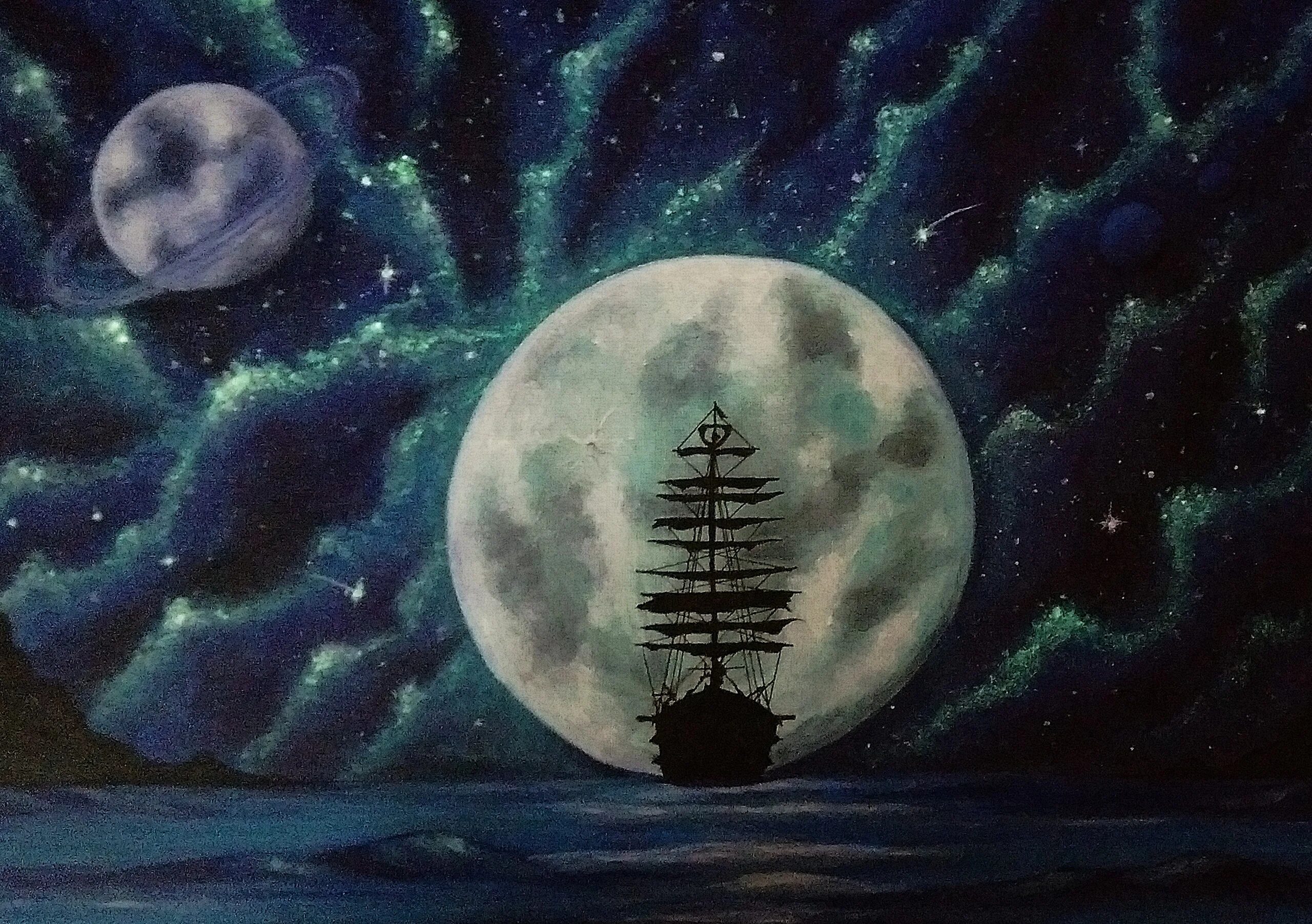 Нарисовать луну в космосе. Картина светящаяся Луна. Картина с луной и кораблем. Дерево напротив Луны. Напротив луны