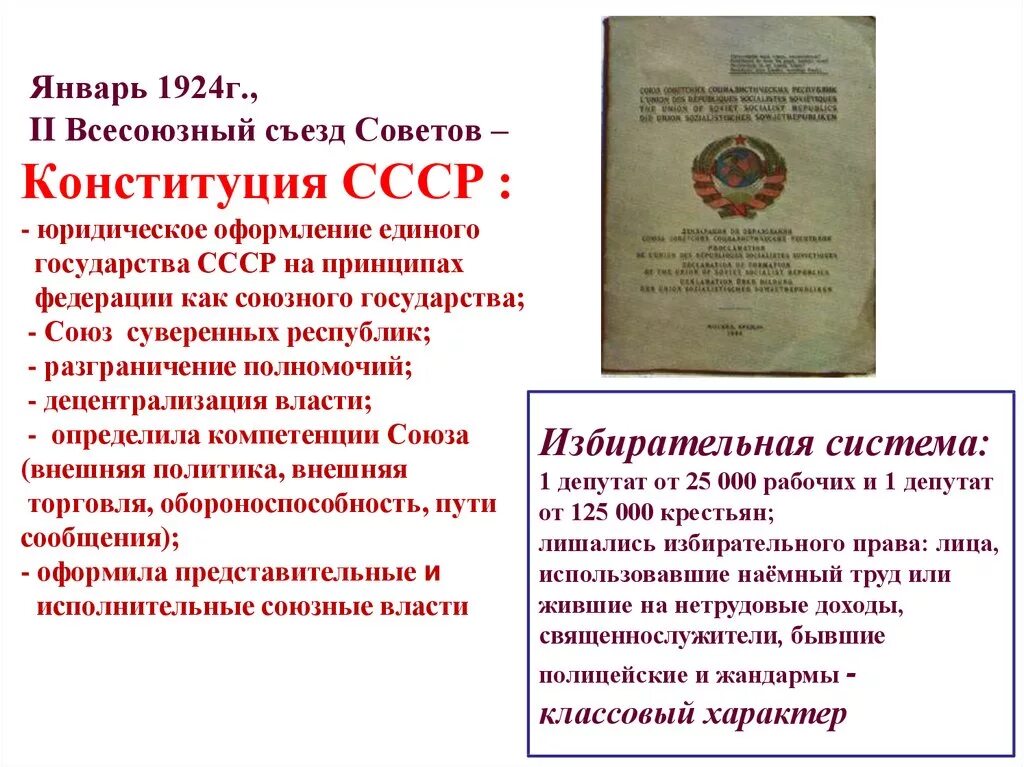 Съезда советов союза советских социалистических республик. Конституция ссср 1924 съезд. образование ссср конституция 1924 презентация. всесоюзный съезд советов 1924 полномочия. 2 всесоюзный съезд советов ссср.