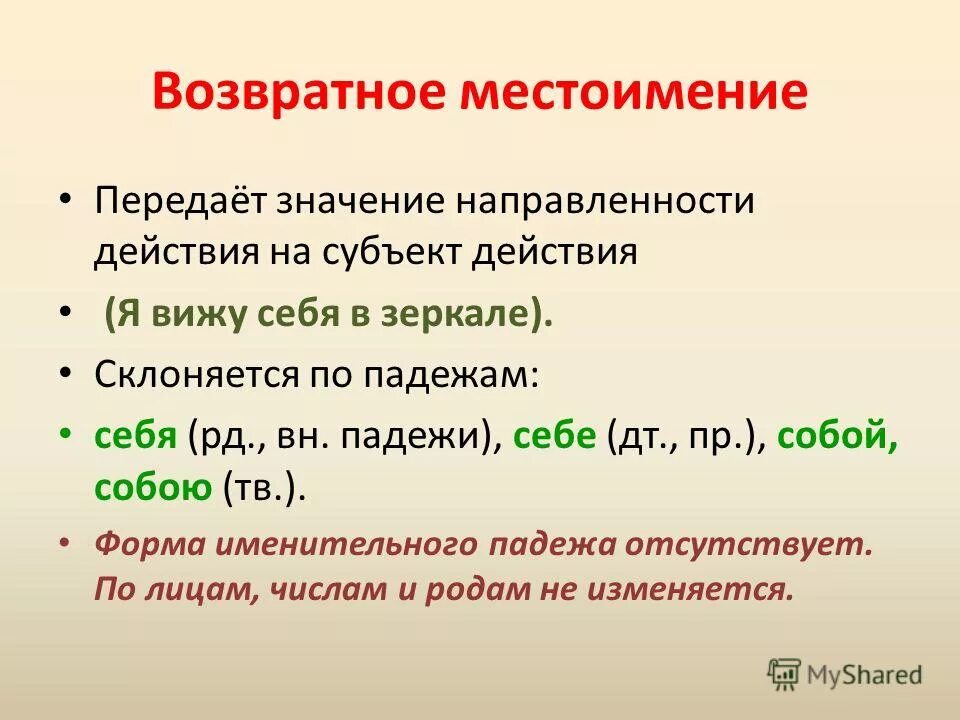 Чем отличается по своему значению местоимение. Возвратные местоимения. Личные и возвратные местоимения в русском языке. Значение возвратного местоимения. Возвратное местоимение себя таблица.