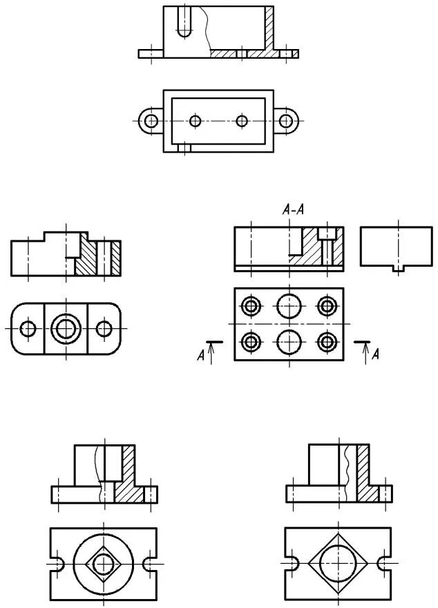 Совмещенные разрезы. Совмещенные разрезы. Совмещенные разрезы. Половинчатый фронтальный разрез. Разрез детали.