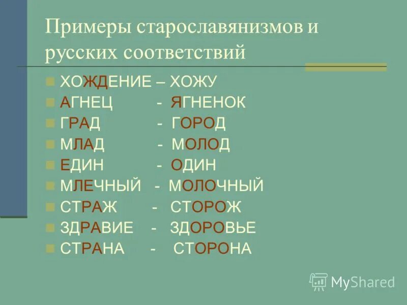 Выберите старославянские слова в корне которых. Старославянизмы примеры. Примеры Старо славенизмов. Примеры старославянизмов в русском языке. Старославянизмы примеры слов в русском языке.