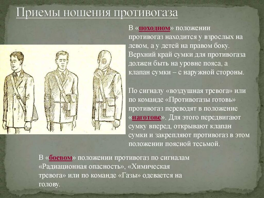 Способы переноски противогаза ГП-5. Способы переноски противогаза. Походное положение противогаза. Приемы ношения противогаза. Правильная последовательность при надевании противогаза