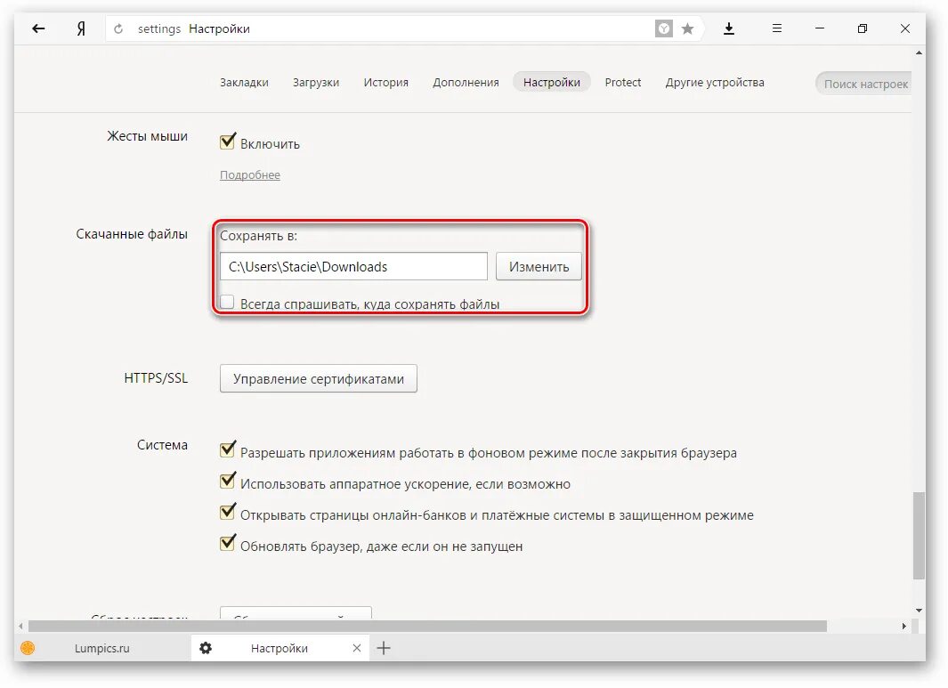 Истории где загрузки. Настройки браузера.