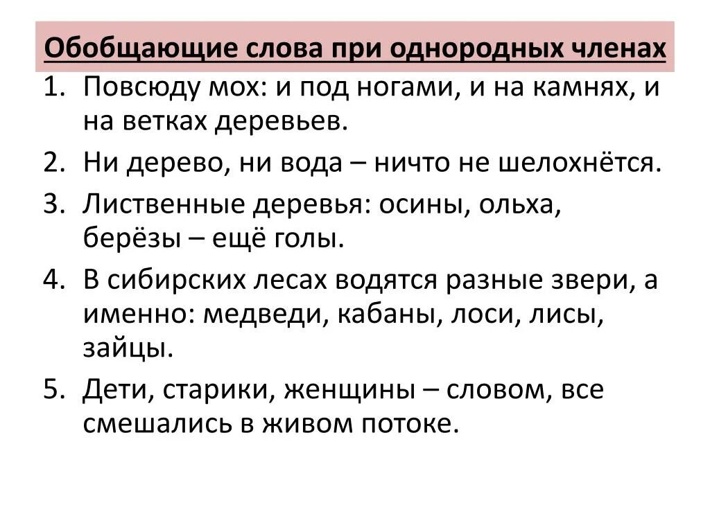 Ни дерево ни вода ничто. Обобщающее слово. Повсюду мох и под ногами и на камнях и на ветвях деревьев. Обобщающие слова при однородных членах. Текст с однородными членами предложения.