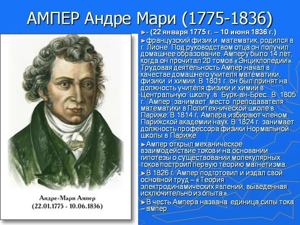 Ампер сообщение. Андре-мари ампер (1775−1836). французский физик андре мари ампер. андре-мари ампер биография кратко.