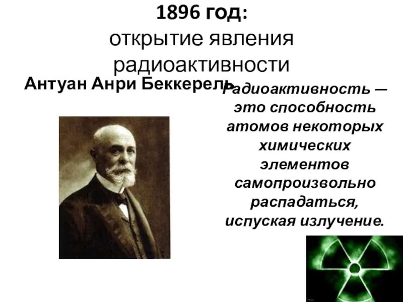 В каком году открыли радиоактивность. Анри Беккерелем явления радиоактивности. Антуан Беккерель открытие радиоактивности. Открытие Беккереля 1896. Антуан Беккерель в 1896 году открыл.