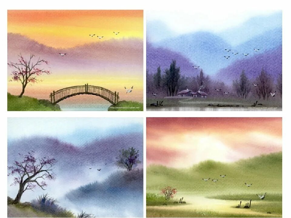 пейзаж несложный. поэтапное рисование акварелью для начинающих. пейзаж настроения. этапы рисования пейзажа акварелью. простой пейзаж гуашью.