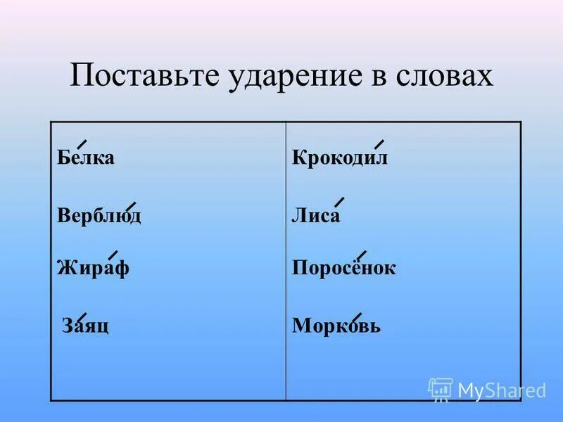 Ударение в слове заяц. Лиса куда падает ударение. Белка где ударение в слове. Куда падает ударение в слове лисица.