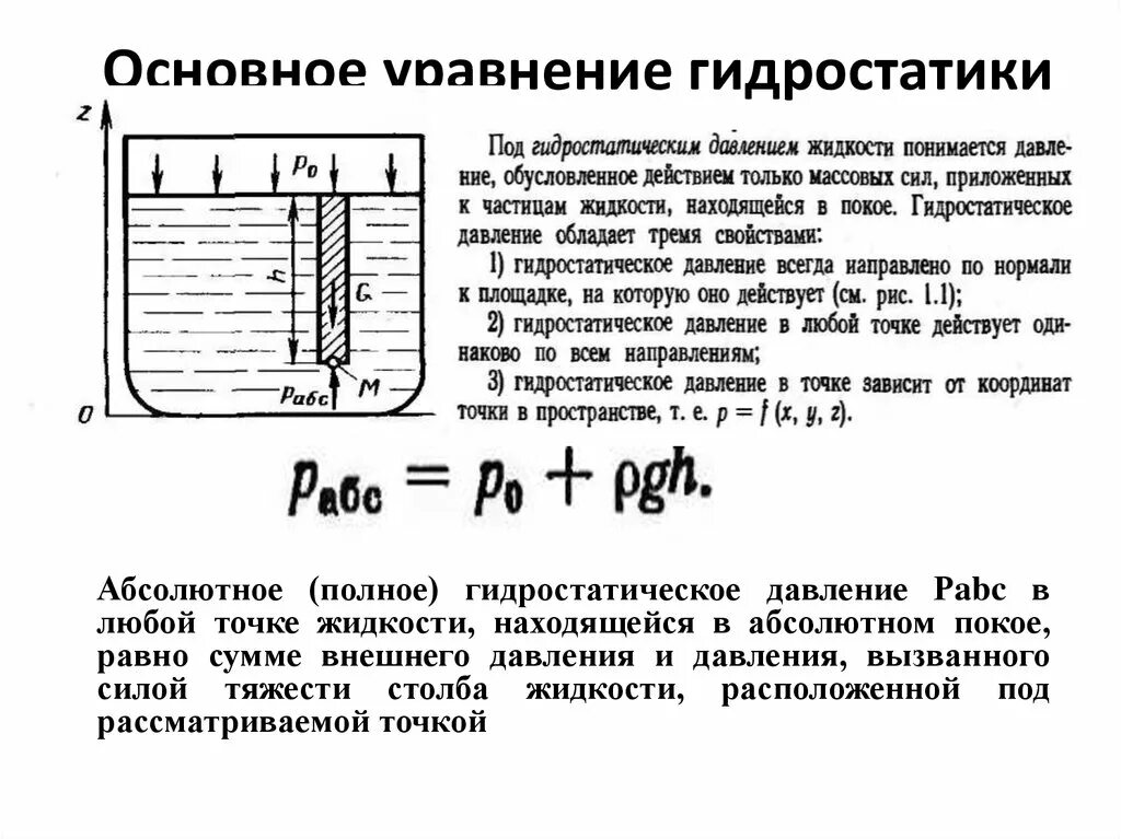 Гидростатика основное уравнение гидростатики. Сформулируйте основное уравнение гидростатики. Формула избыточного гидростатического давления. . Основное уравнение гидростатики. Пьезометрическая высота и напор. Изменение гидростатического давления