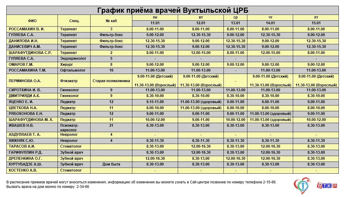 Расписание врачей железногорск курская область. Расписание врачей Вуктыльской ЦРБ. Расписание приема врачей. Расписание врачей центральной поликлиники. График приема специалистов.