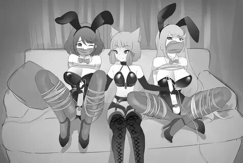 monochrome, 3girls, arms behind back, bondage, bound, breasts, bunny costum...