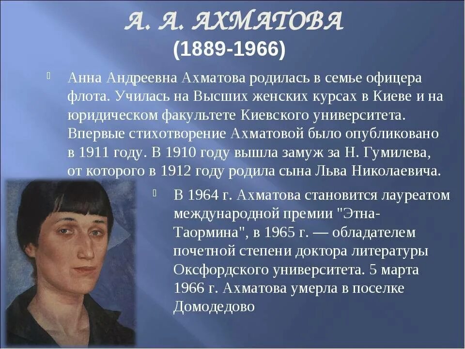 Первое произведение ахматовой. А.А. Ахматова (1889 – 1966). Ахматова биография кратко. Ахматова краткая биография.